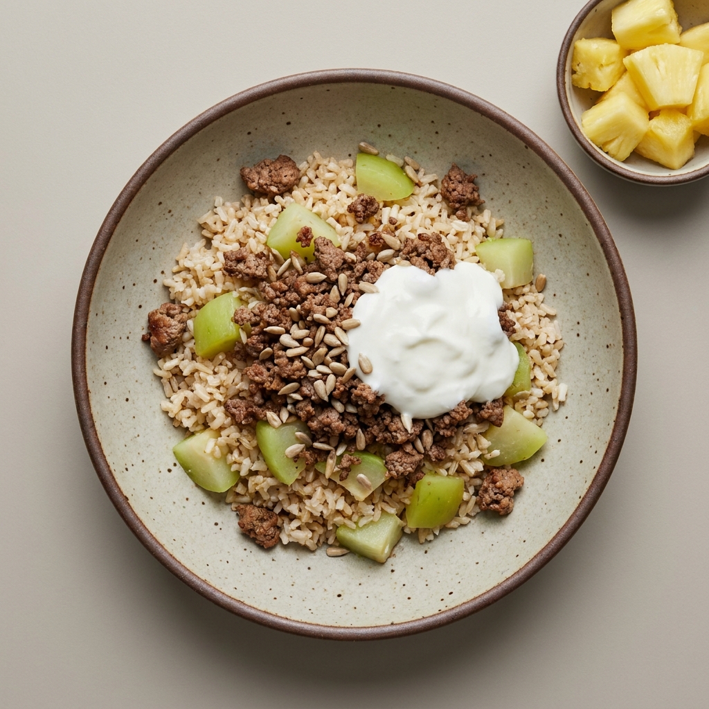 Bowl de arroz de res molida, chayote, y semilla de girasol, aderezado con yogurt, acompañado de piña picada