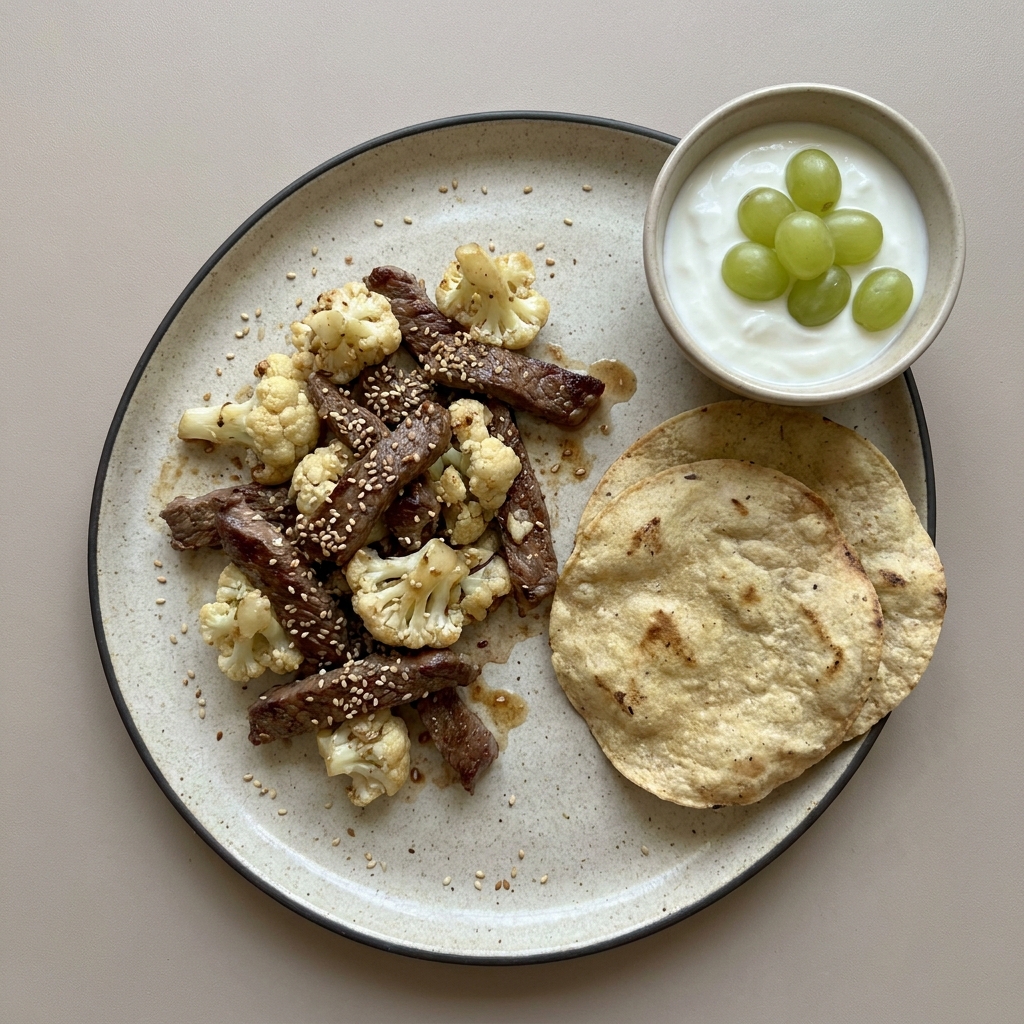 Bistec revuelto con coliflor y semilla de ajonjolí, con tostadas acompañado de yogurt con uva