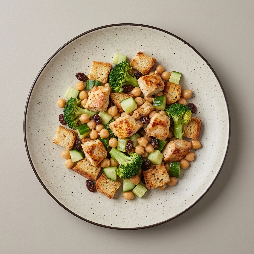 Ensalada de pechuga de pollo con garbanzos, brócoli y pepino