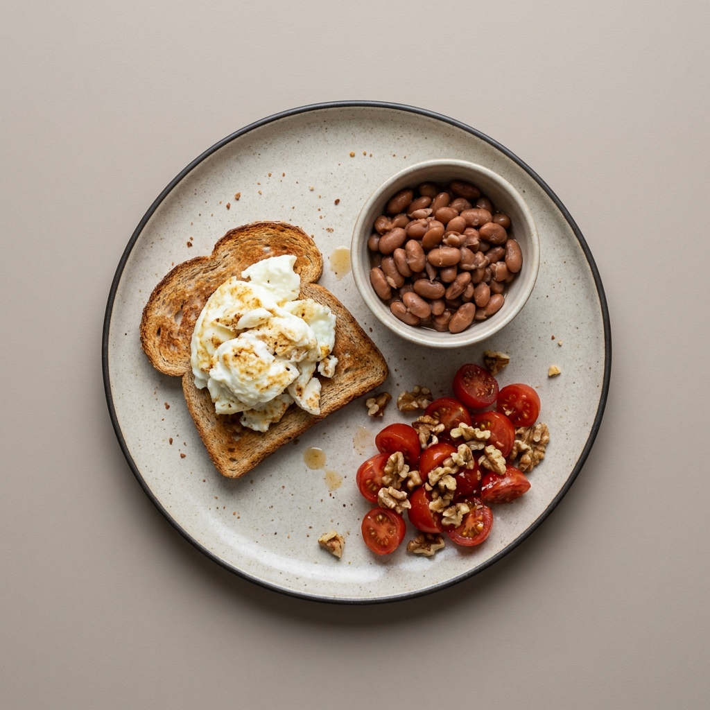 Pan integral con clara de huevo acompañado de frijoles y  ensalada de jitomate cherry con nuez