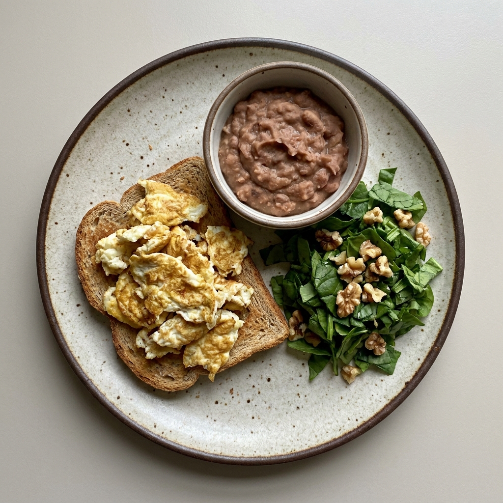 Pan integral con clara de huevo, frijoles y ensalada de espinaca con nuez