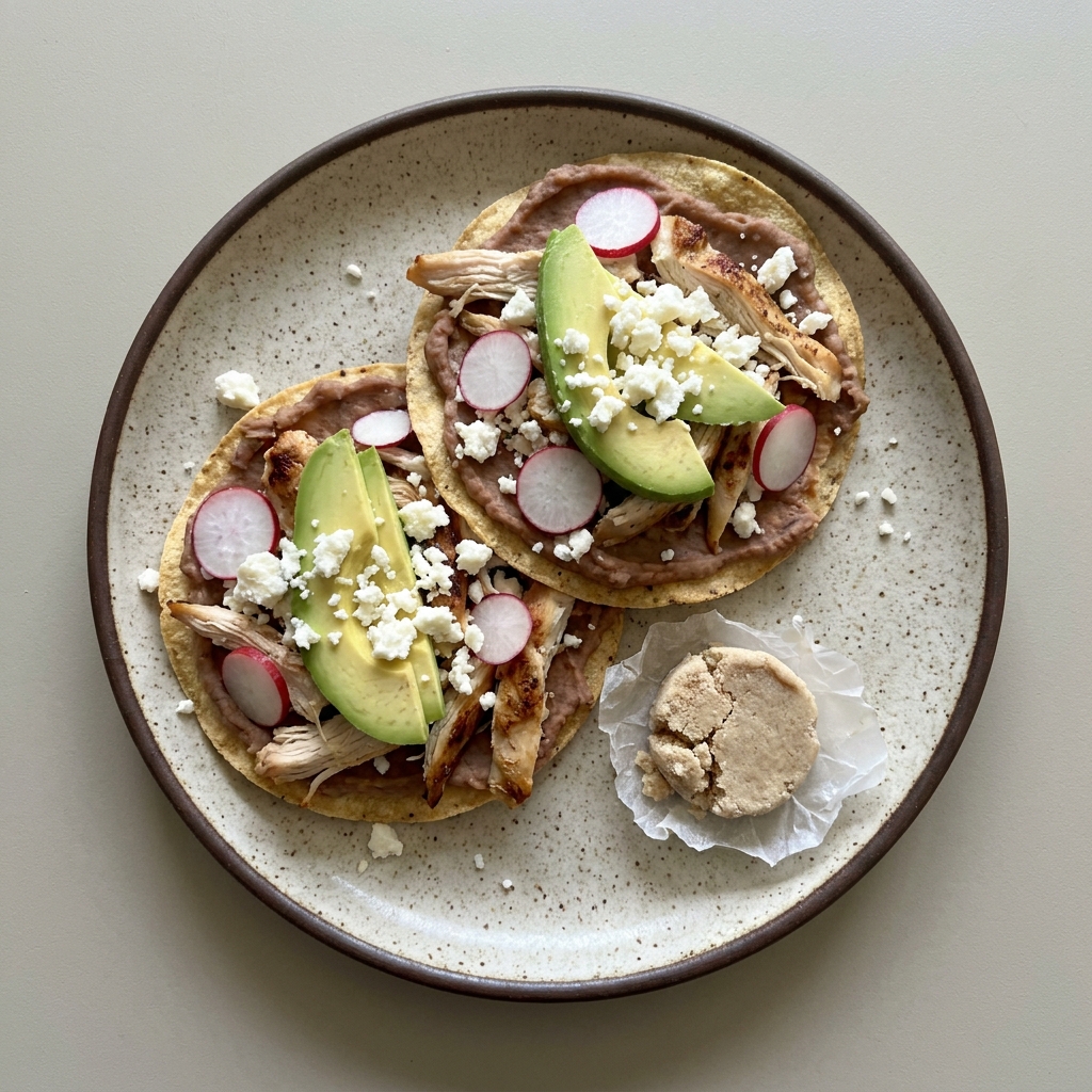 Tostadas de frijol con pollo, queso fresco, aguacate y rábano, con mazapán como postre