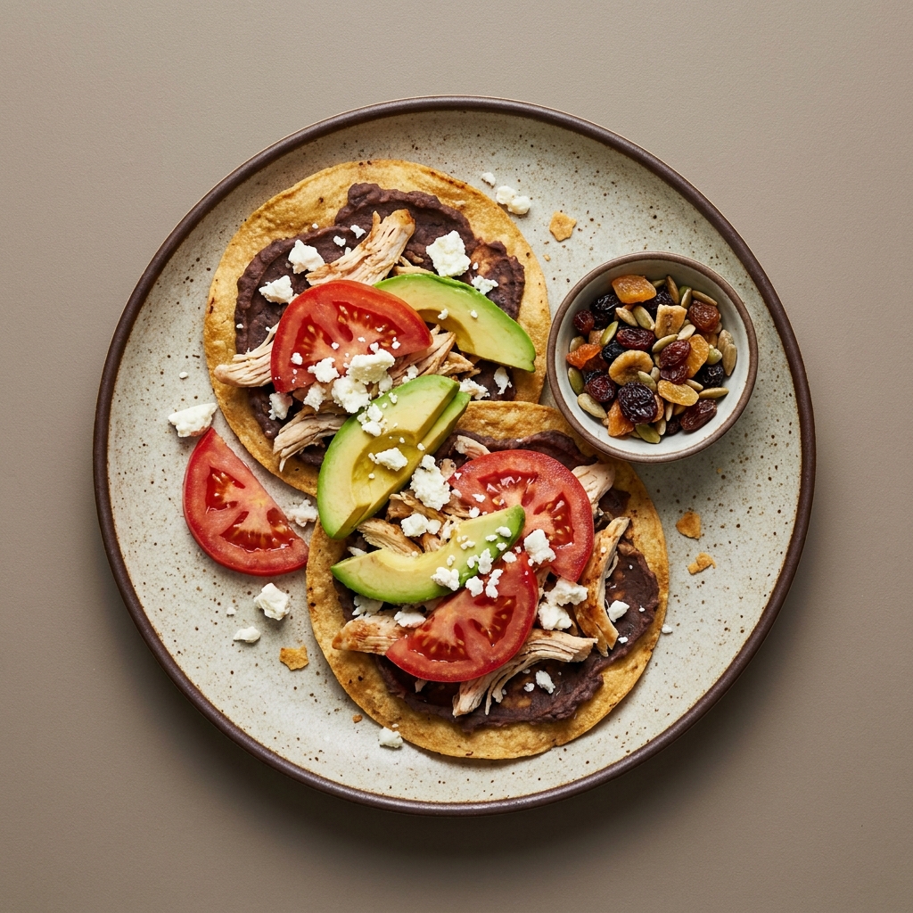 Tostadas de frijol con pechuga de pollo, queso fresco, aguacate, y jitomate acompañado de mix de frutos secos