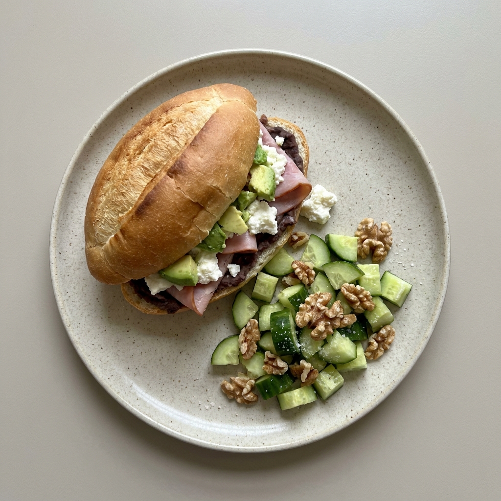 Torta de frijoles con jamón, requesón y aguacate acompañada de ensalada con pepino y nuez