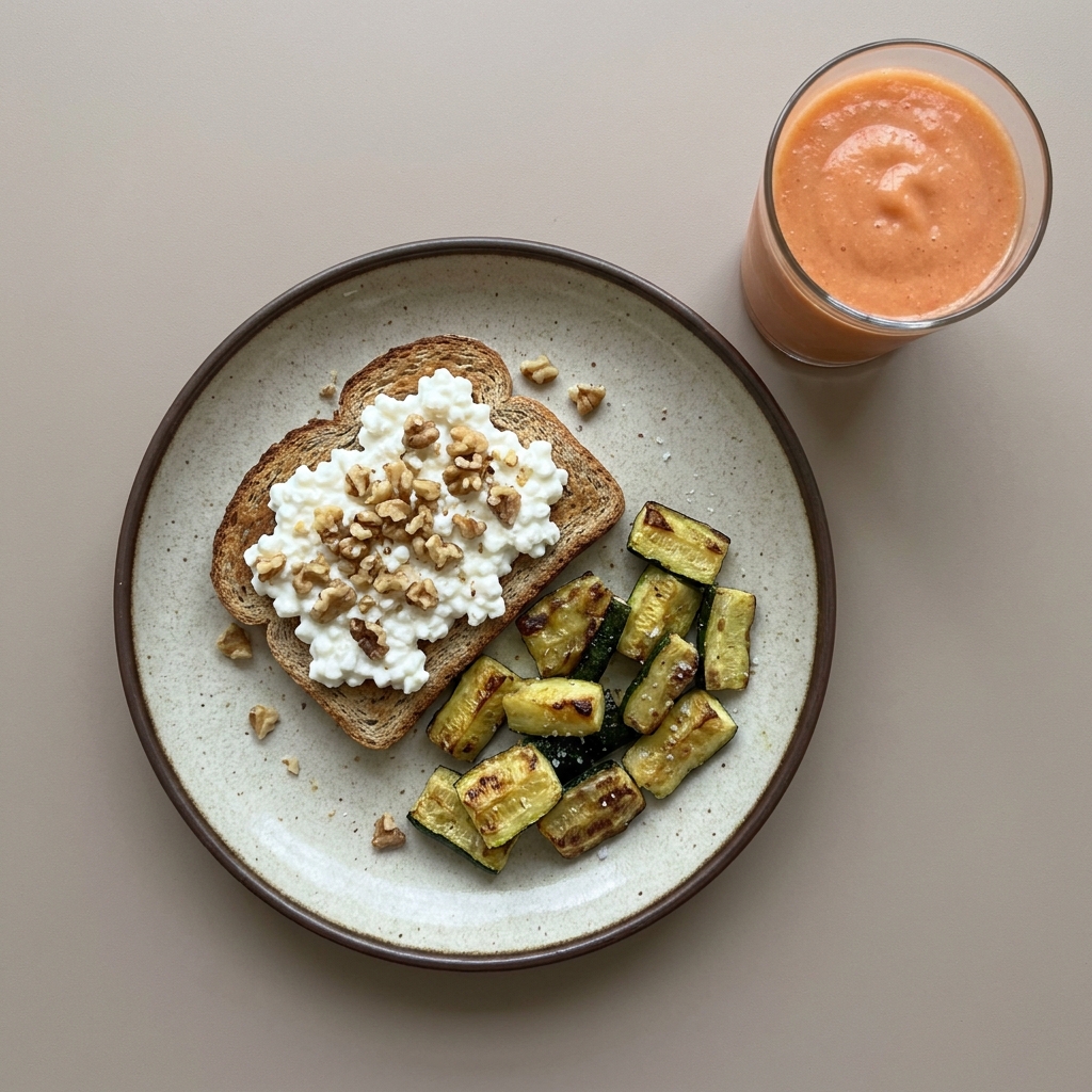 Pan integral con queso cottage, y nuez acompañado de calabacita asada, y licuado de papaya