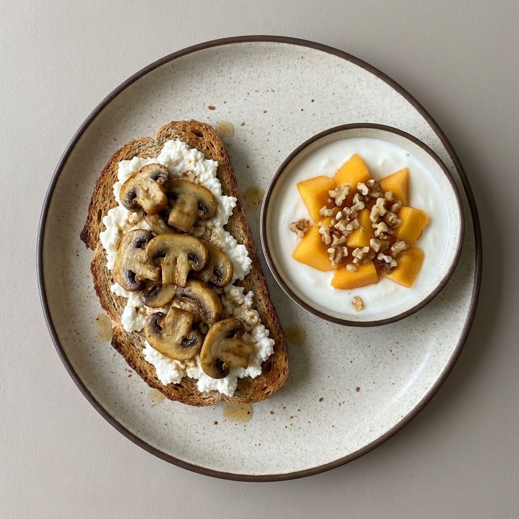 Pan integral de requesón con champiñones asados acompañado de yogurt con fruta y nuez