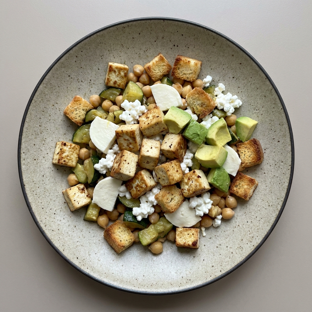 Bowl vegetariano con tofu, queso, calabacita, garbanzo, aguacate y croutones