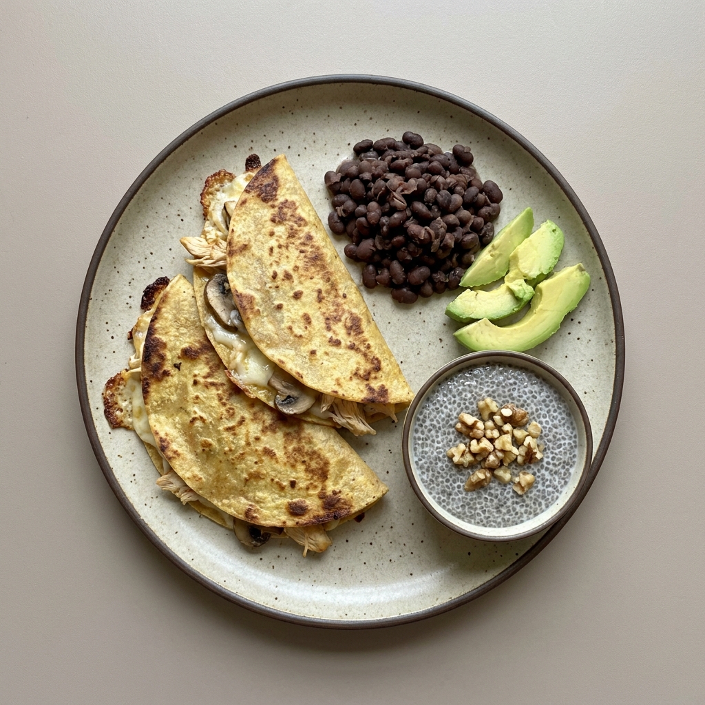 Quesadilla de pollo con champiñónes, frijoles y aguacate acompañado de pudín de chia con nuez