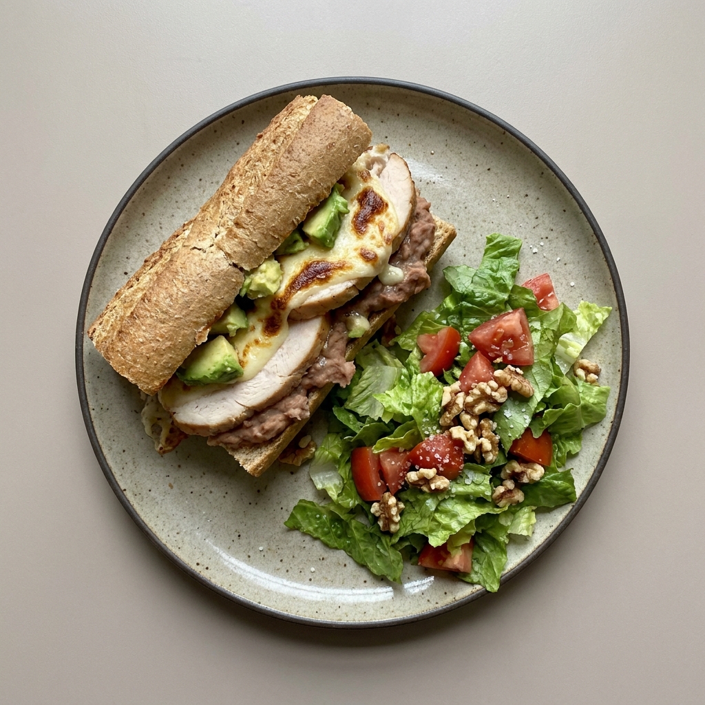 Baguette de pechuga de pavo horneada con queso, frijoles y aguacate acompañado de ensalada de lechuga con jitomate y nuez