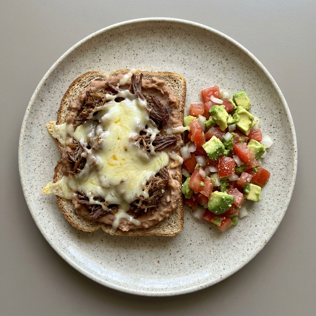 Molletes de machaca de res con queso gratinado acompañado de salsa mexicana con aguacate