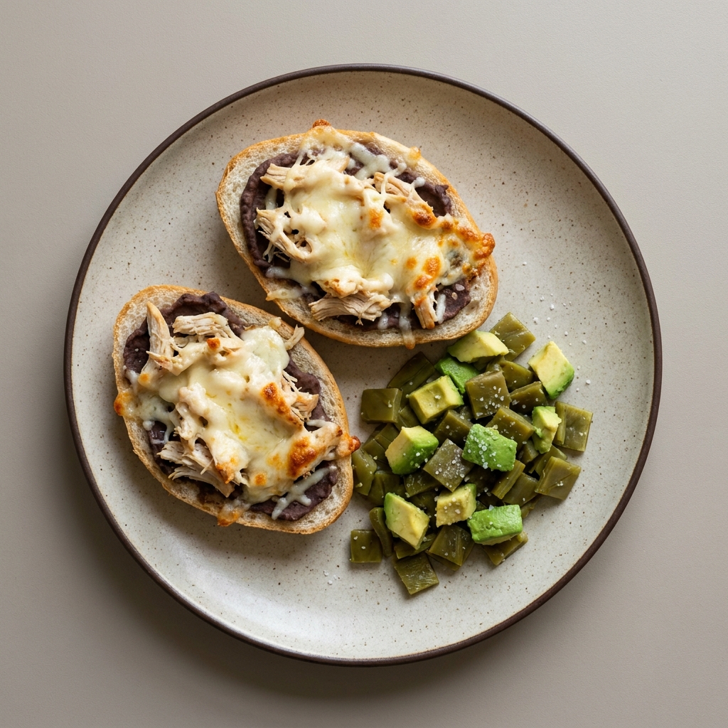 Molletes de pollo gratinados acompañados de nopales con aguacate