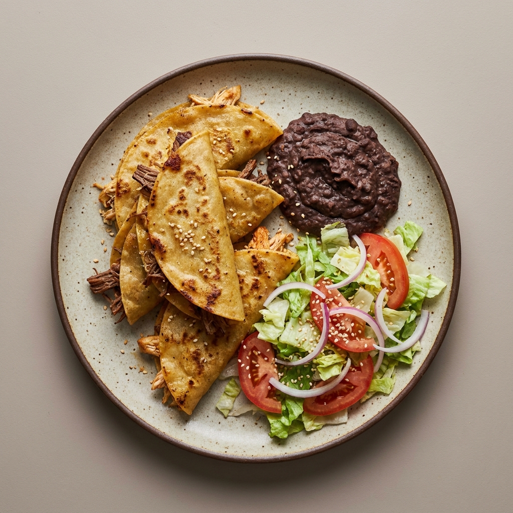 Tacos dorados de res y pollo acompañados de frijoles refritos con ensalada fresca