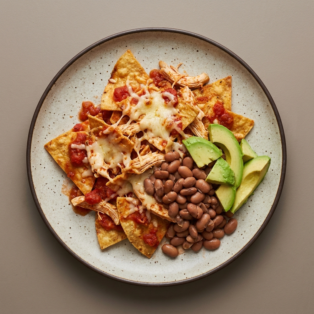 Chilaquiles rojos gratinados con pollo y aguacate acompañados de frijoles