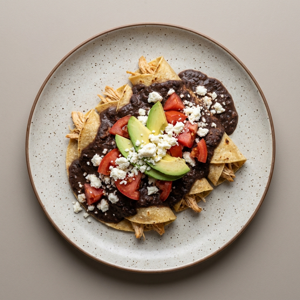 Enfrijoladas de pechuga de pollo con queso fresco, aguacate, y jitomate
