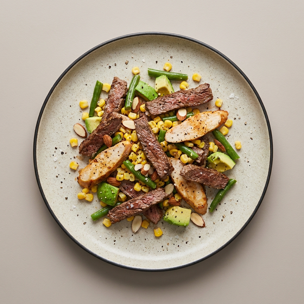 Ensalada de arrechera y pechuga de pavo, con almendra, ejote y aguacate