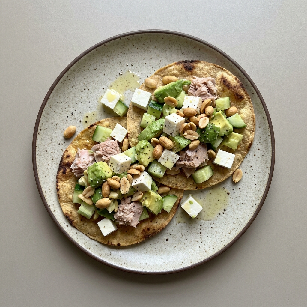 Tostadas de atún con queso panela, aguacate, pepino y cacahuate