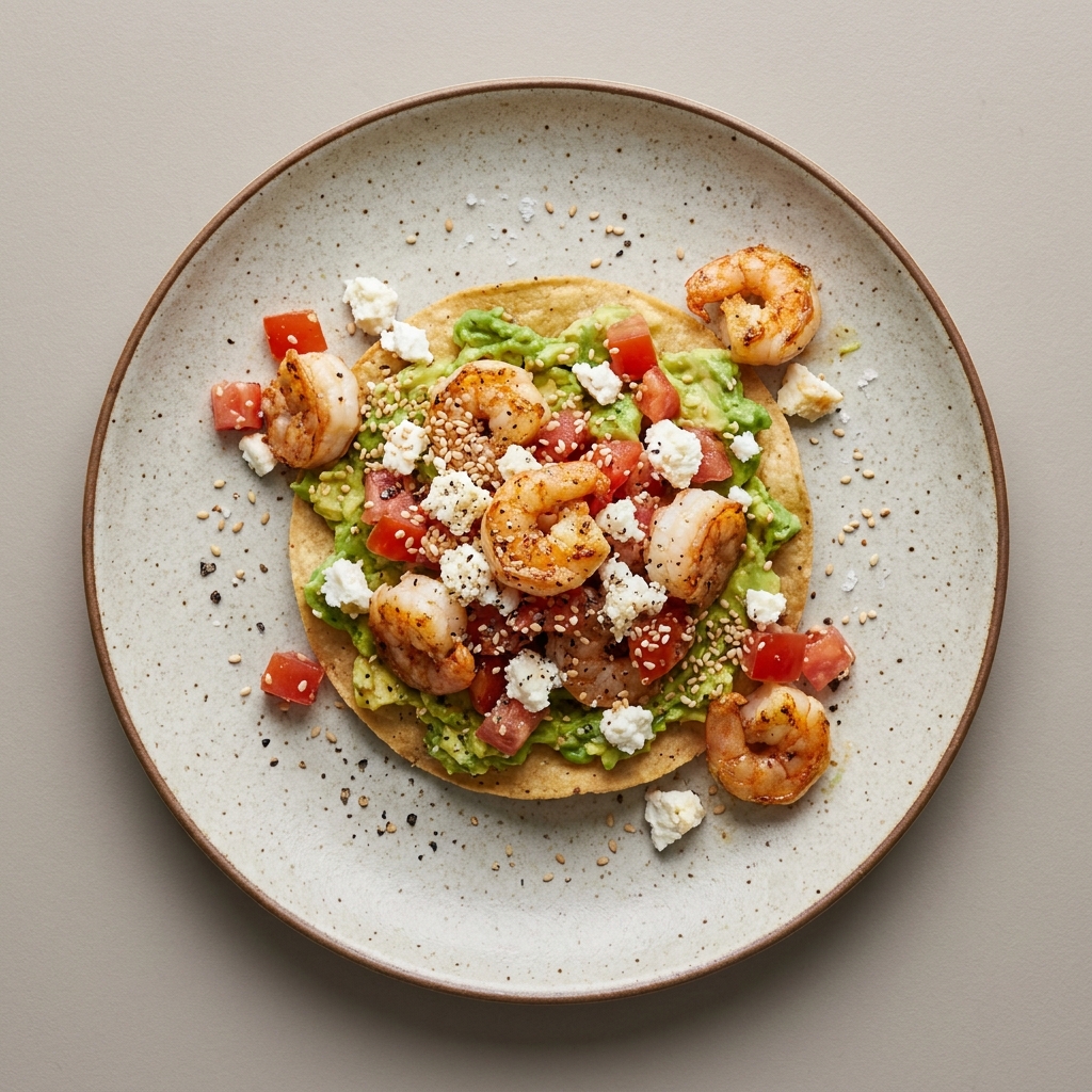 Tostada de camarón con queso de cabra, jitomate, aguacate y semilla de ajonjolí