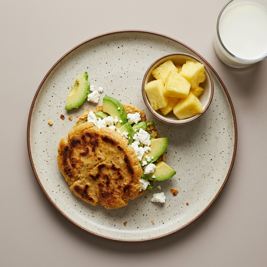Arepa rellena de queso con aguacate, con bowl de piña y vaso de leche