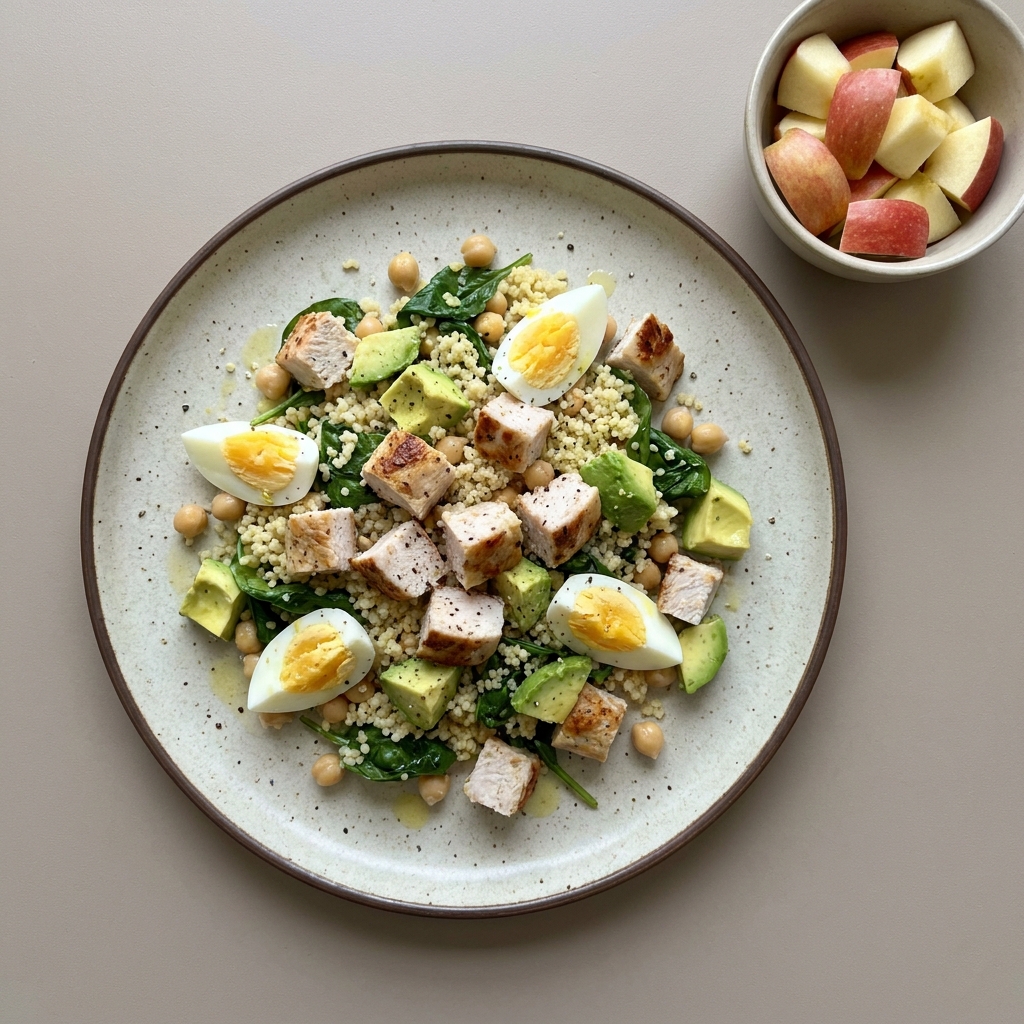 Ensalada de pechuga de pavo, huevo, couscous, garbanzo, espinaca, manzana y aguacate
