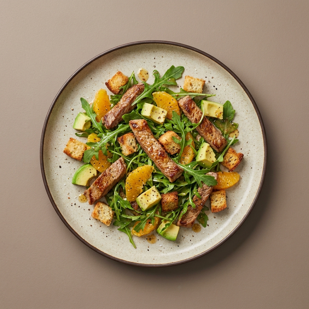Ensalada templada de bistec con naranja, arúgula y aguacate, con croutones