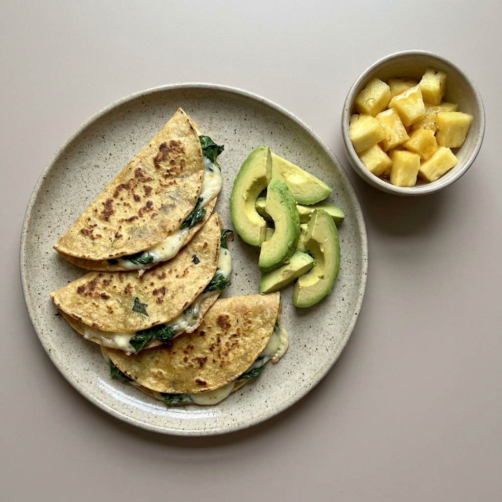 Quesadillas con espinaca, y aguacate con bowl de piña picada con miel