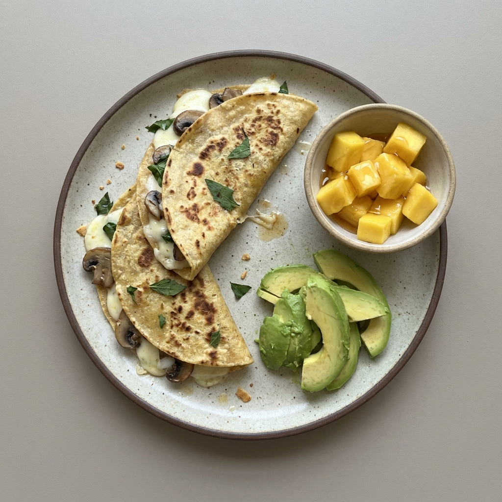 Quesadillas con champiñón, y aguacate con bowl de mango con miel