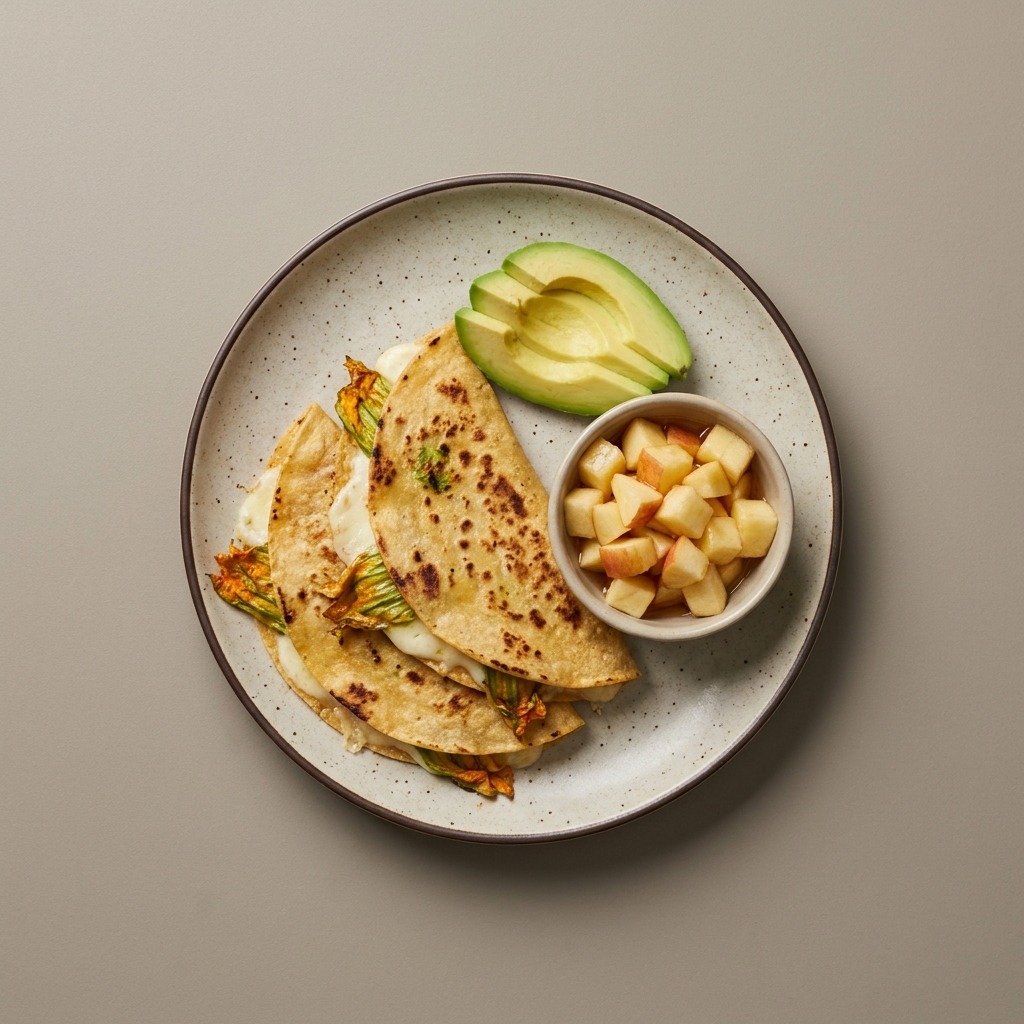 Quesadillas con flor de calabaza, y aguacate con bowl de manzana con miel
