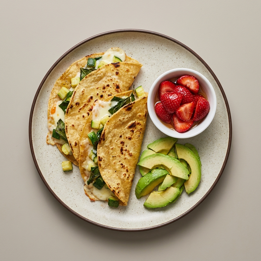 Quesadillas de mozzarella con calabacita, con aguacate y bowl de fresa con miel