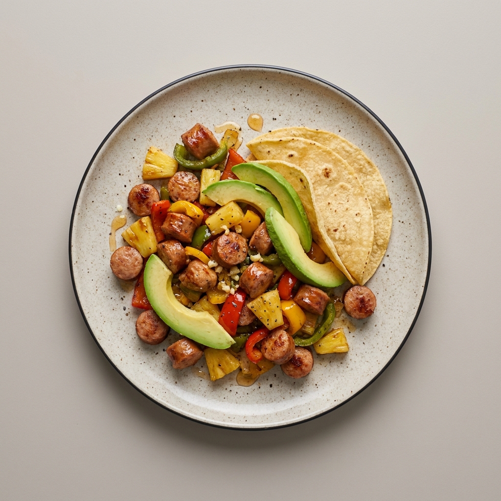 Alambre de salchicha de pavo con piña picada y pimiento de color, con tortillas de maíz y aguacate