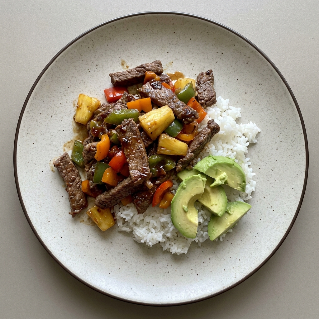 Salteado agridulce de bistec con piña picada y pimiento acompañado de arroz y aguacate