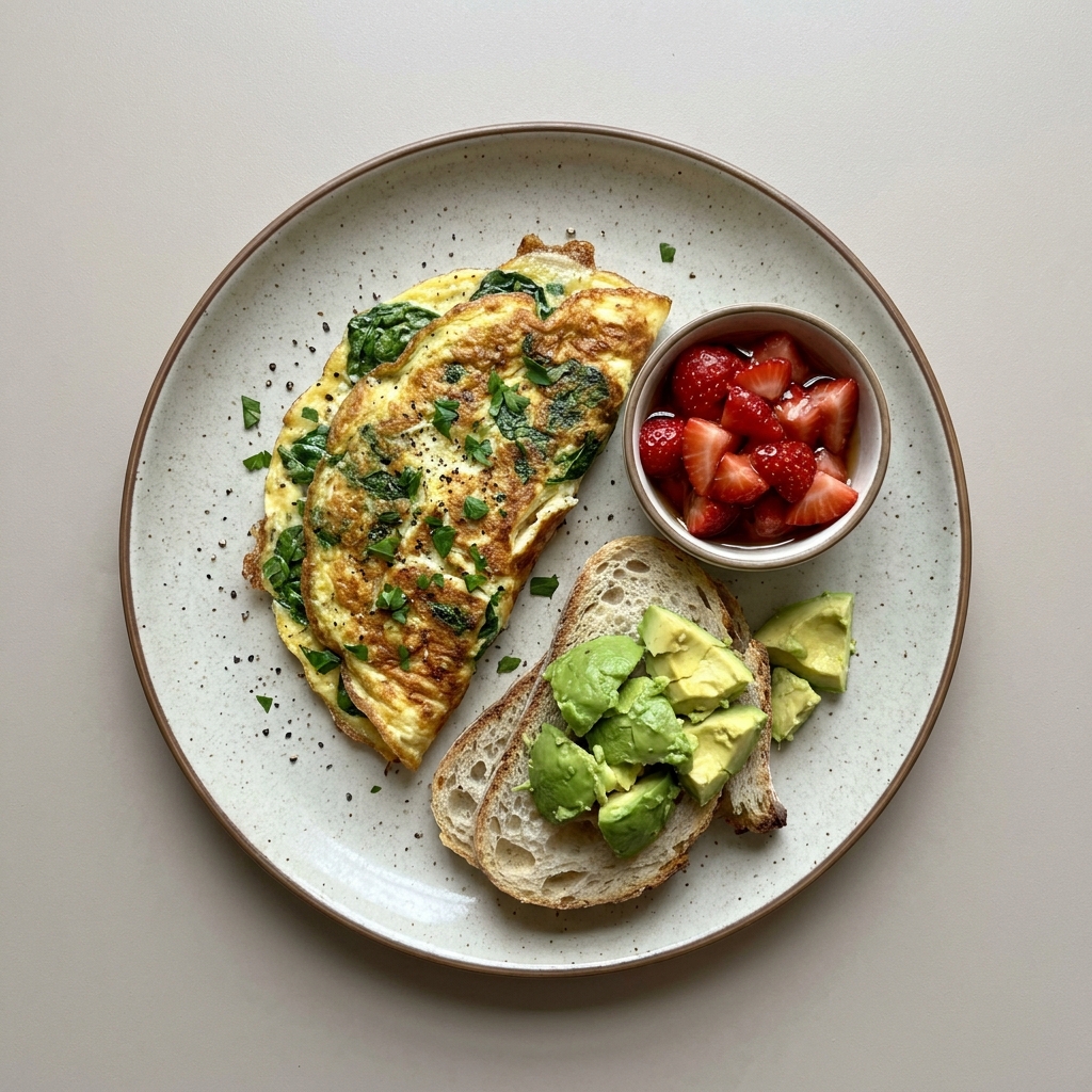 Omelette de huevo con espinaca y aguacate, con bowl de fresa con miel