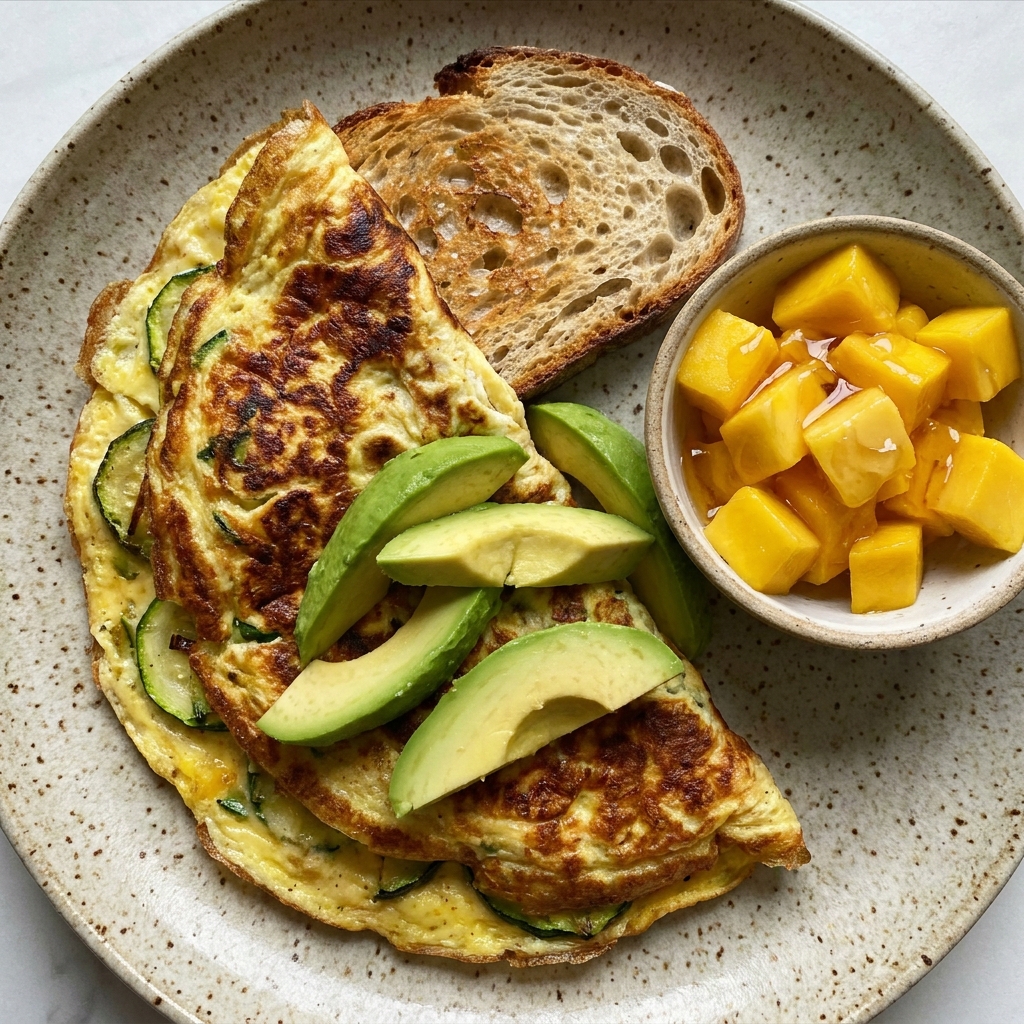 Omelette de huevo con calabacita, pan de masa madre y aguacate, con bowl de mango con miel