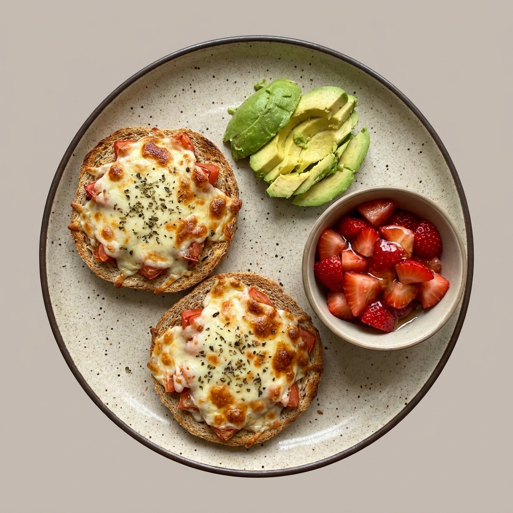 Molletes gratinados con jitomate, y aguacate con bowl de fresa con miel