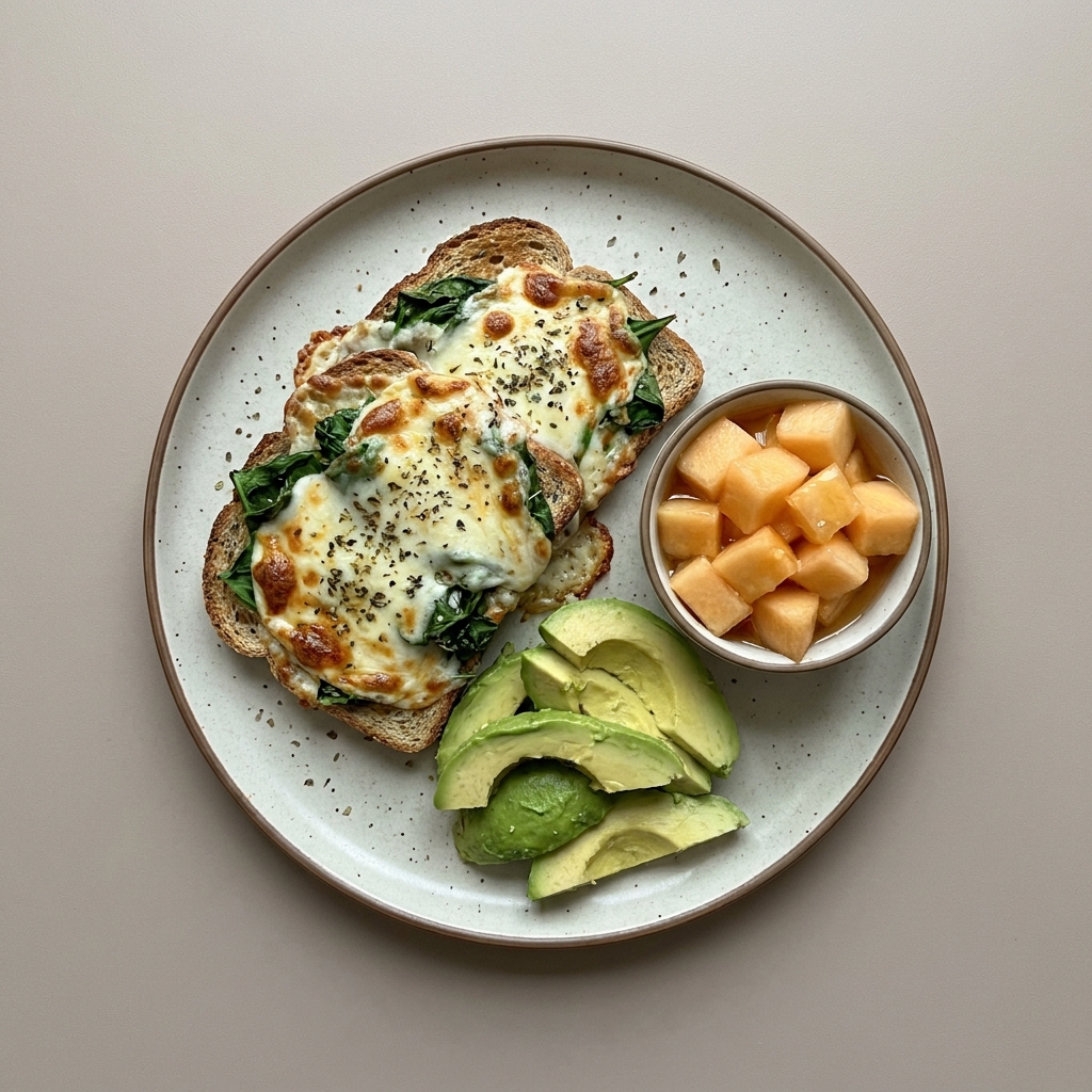 Molletes gratinados con espinaca, y aguacate con bowl de melón con miel