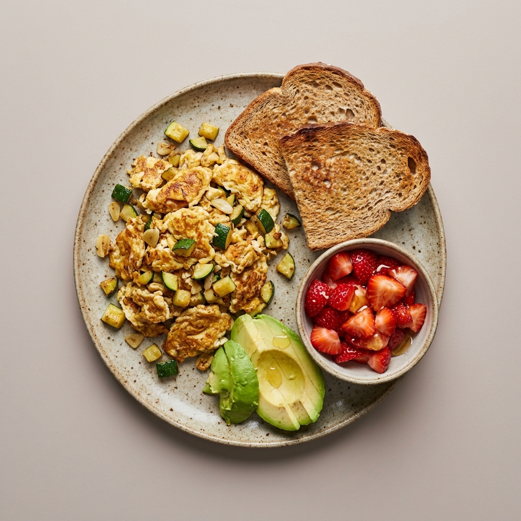 Huevo revuelto con calabacita y aguacate, con bowl de fresa con miel
