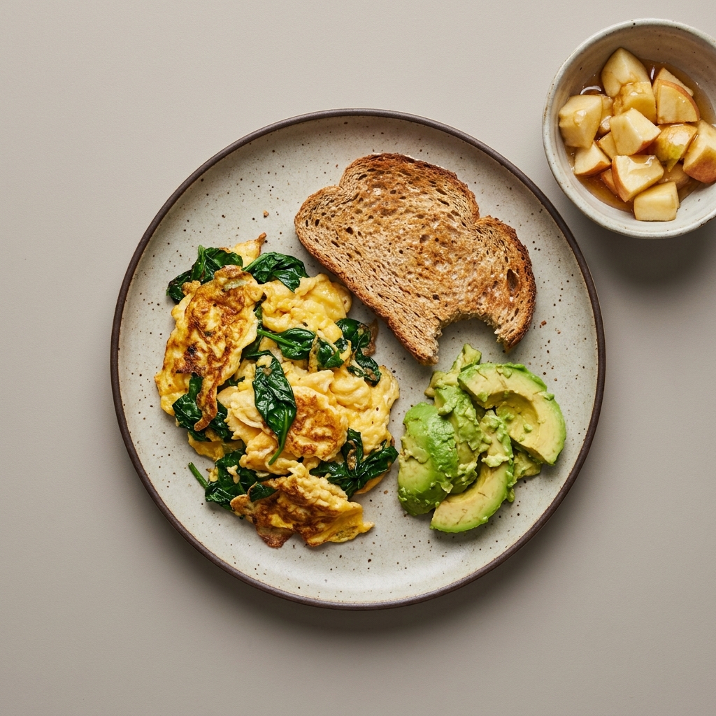 Huevo revuelto con espinaca, pan integral y aguacate, con bowl de manzana con miel