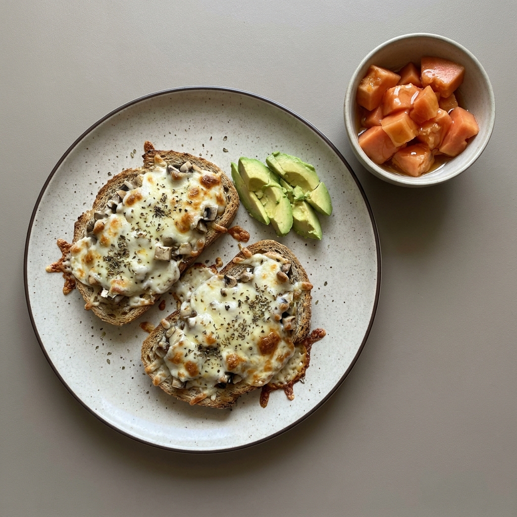 Molletes gratinados con champiñón, y aguacate con bowl de papaya con miel