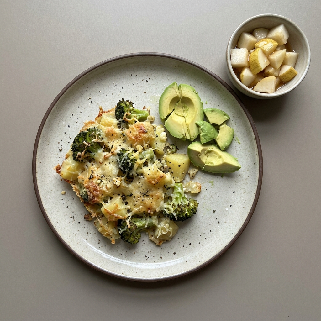 Brócoli gratinado con papa, y aguacate acompañado de bowl de pera con miel