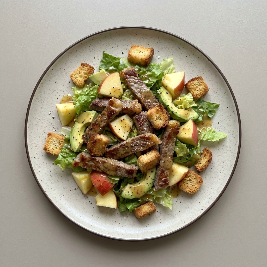Ensalada templada de bistec con manzana, y aguacate, con croutones