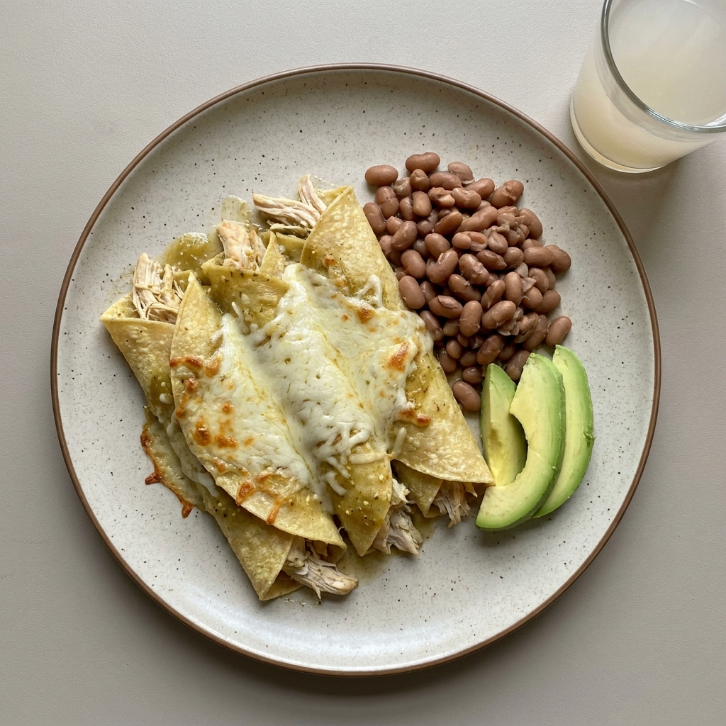 Enchiladas verdes gratinadas con pechuga de pollo, frijol y aguacate, acompañadas con agua de guayaba