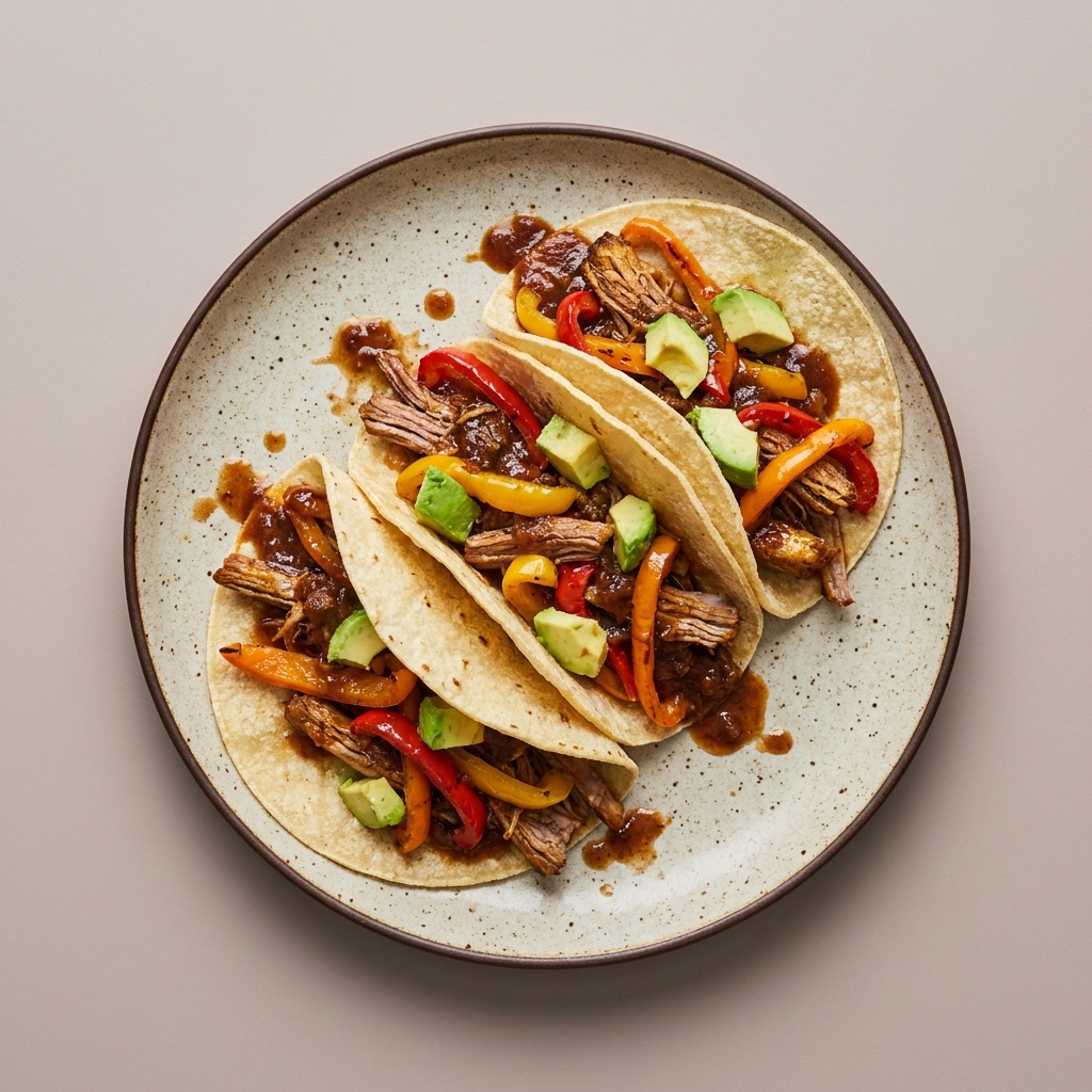 Tacos de res deshebrada en salsa agridulce de pera, con pimiento de color y aguacate