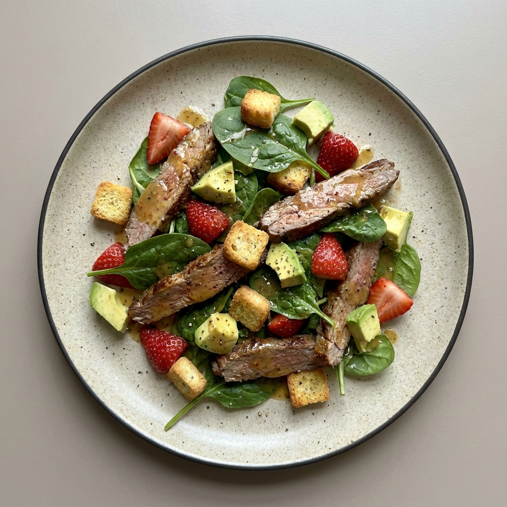 Ensalada templada de bistec con fresa, espinaca y aguacate, con croutones
