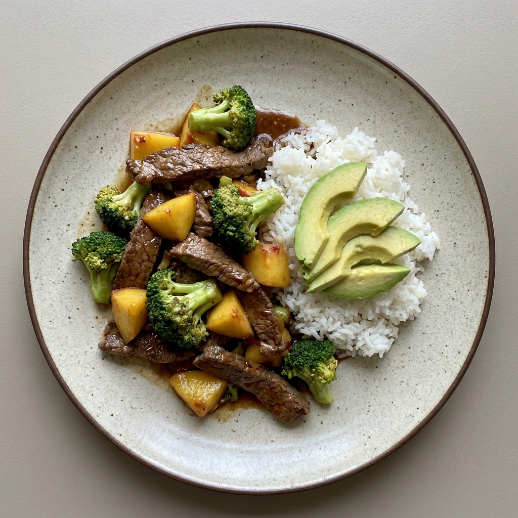 Salteado agridulce de bistec con durazno amarillo y brócoli, con arroz y aguacate