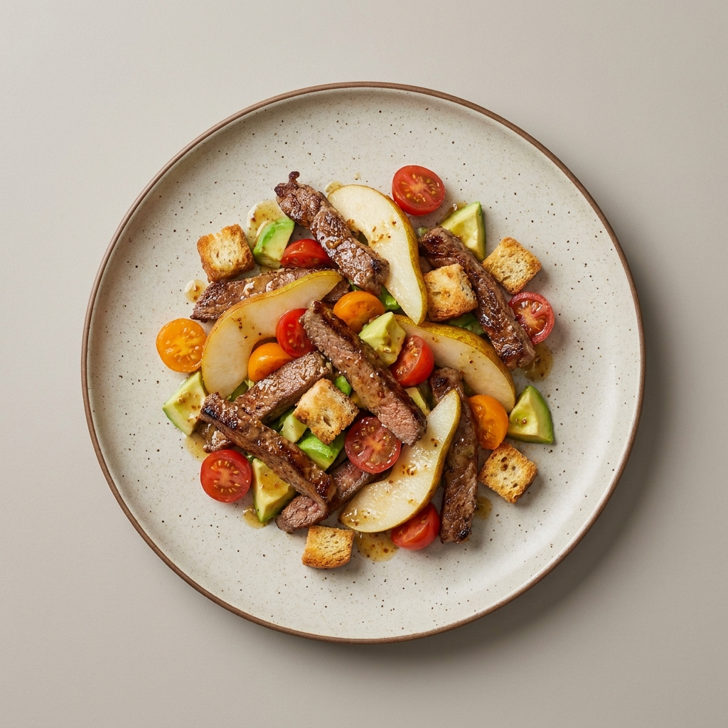 Ensalada templada de res con pera, jitomate cherry, aguacate, y croutones