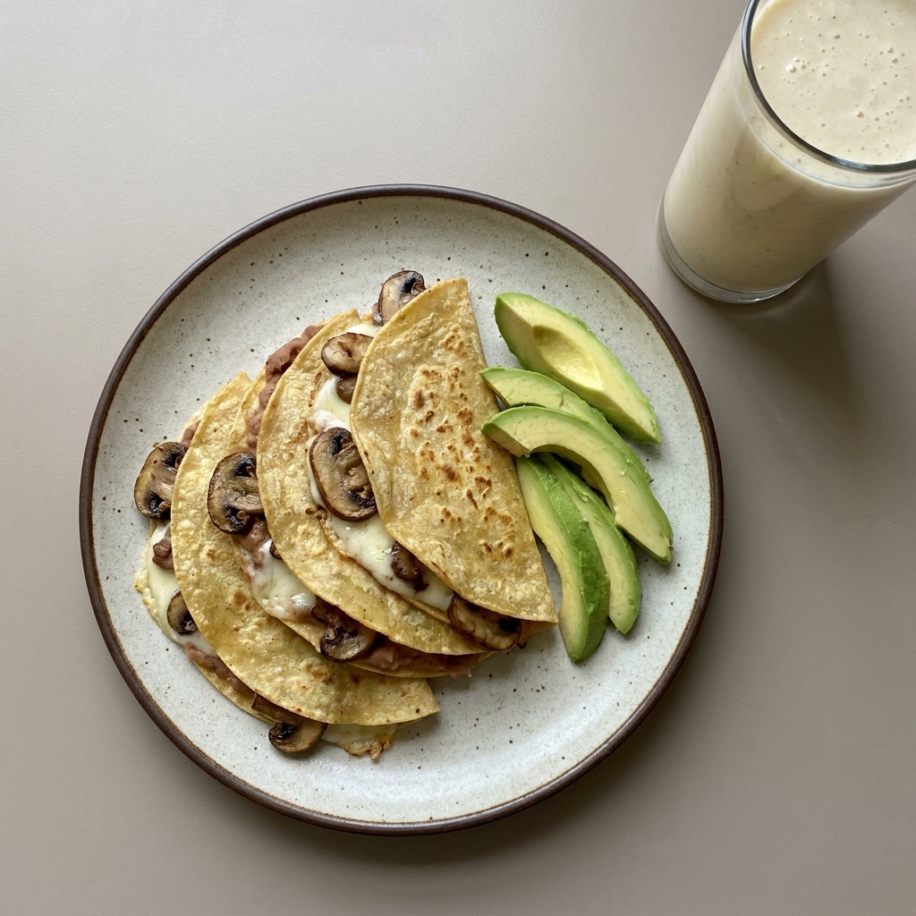 Quesadillas con frijoles refritos, champiñón y aguacate acompañadas de licuado de plátano