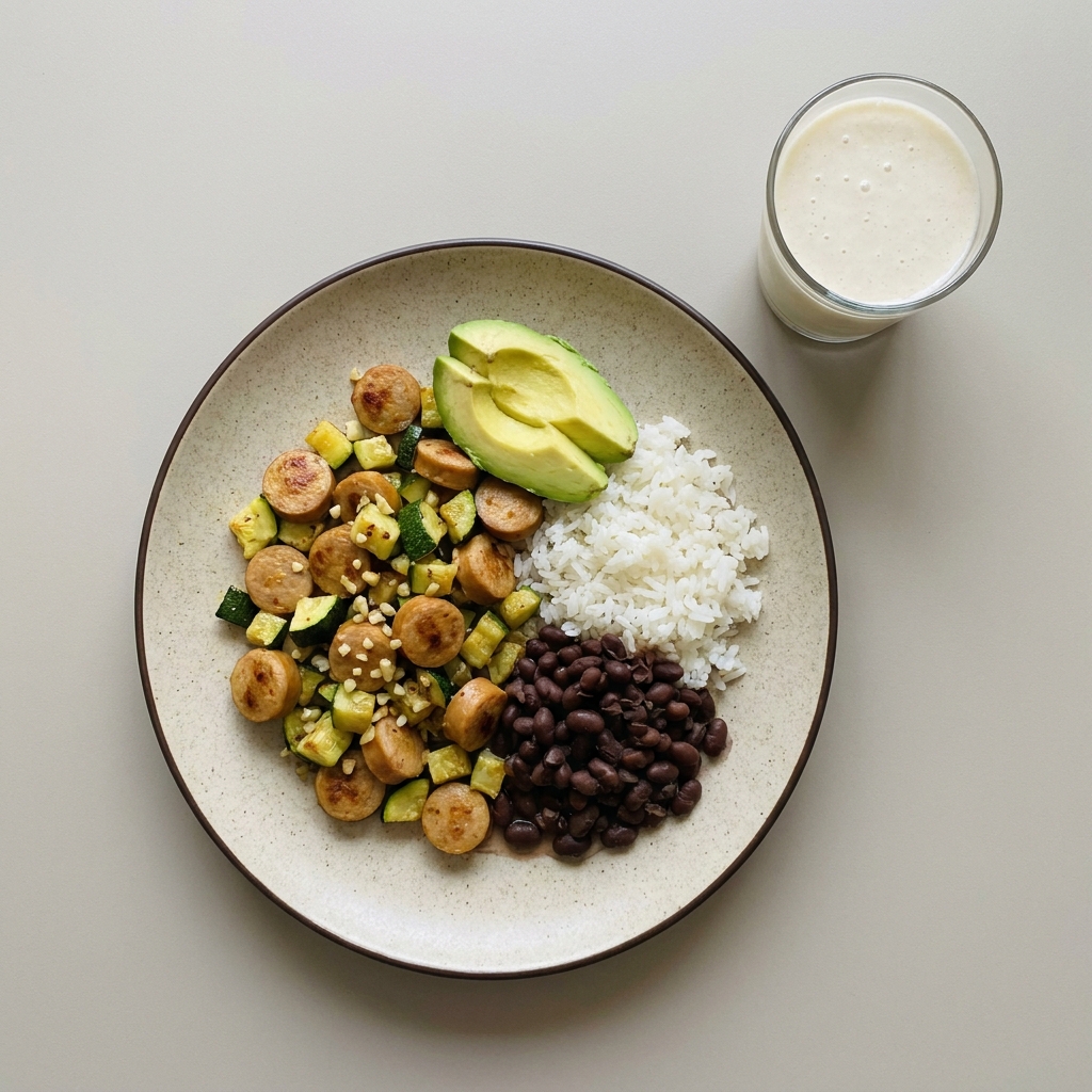 Guiso de salchicha con calabacita, con frijol, arroz, y aguacate acompañado de licuado de plátano