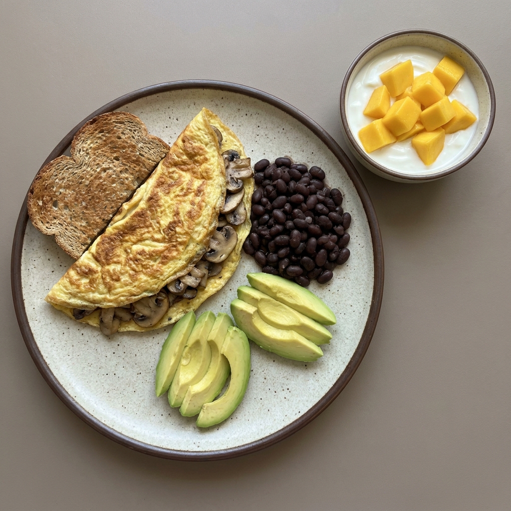 Omelette de champiñón con frijol y pan integral, con aguacate acompañado de yogurt con mango