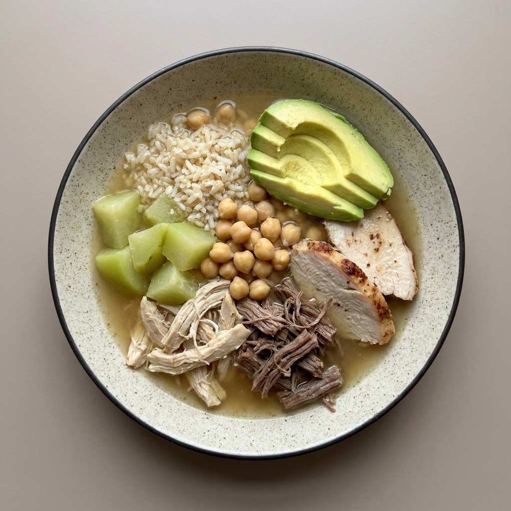 Caldo de pollo surtido con res y pavo, con chayote, garbanzo y aguacate, con arroz