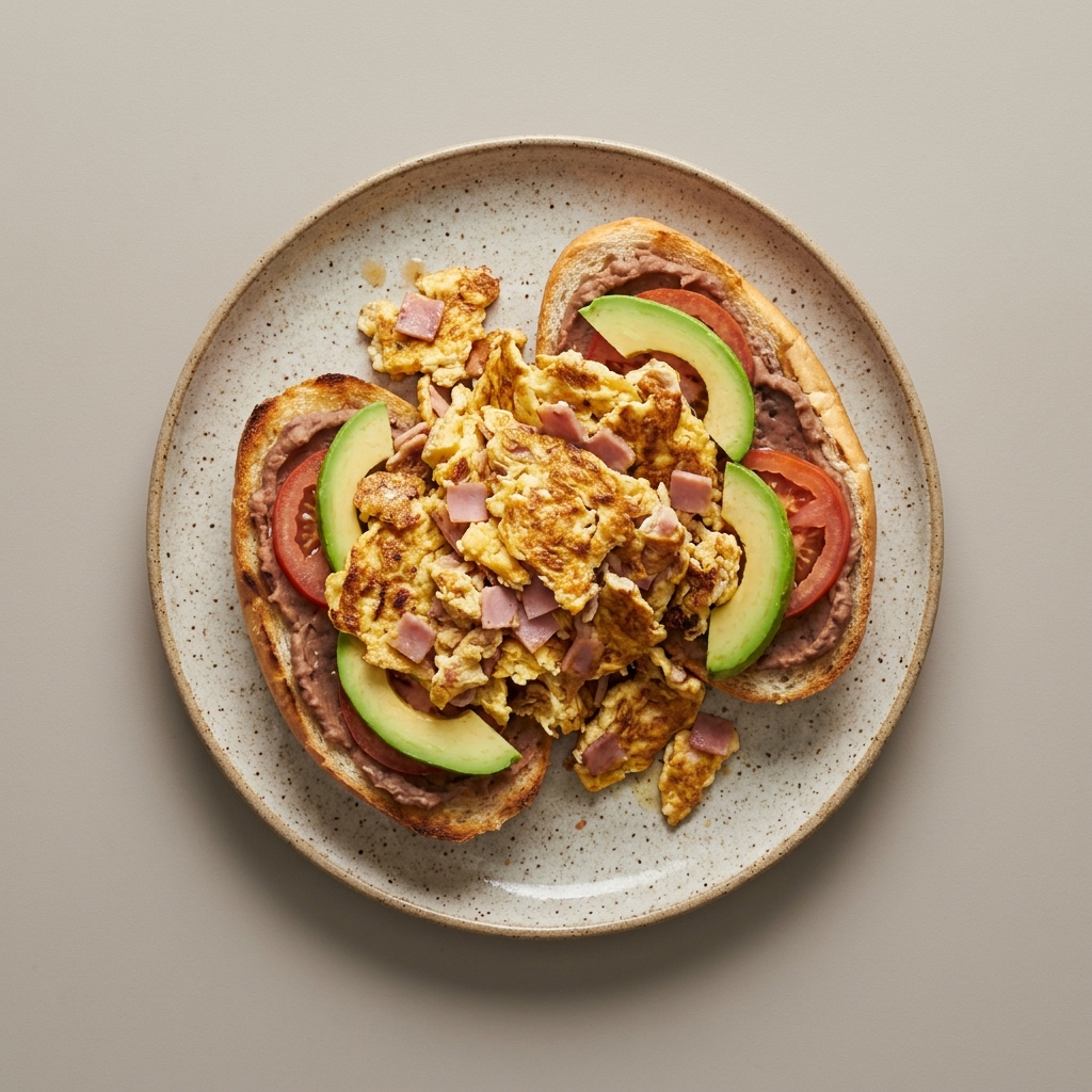 Torta cargada de huevo con jamón con jitomate, frijol y aguacate