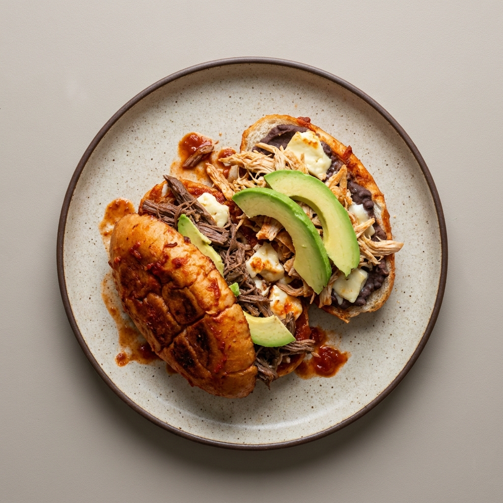 Pambazo de res, queso y pollo con jitomate, frijol y aguacate